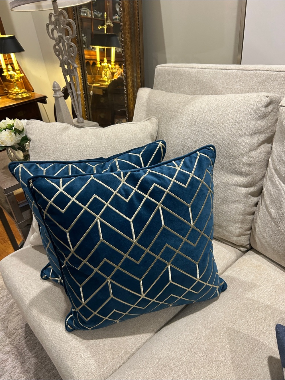 Teal Velvet Geometric Pillow with Metallic Stitching does not include I inserts